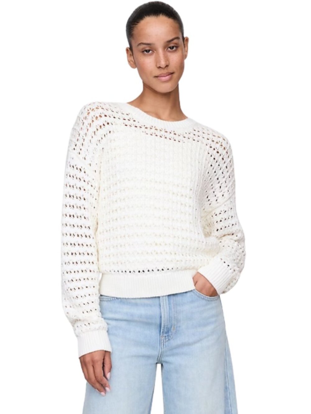 Gap 100% Cotton Crochet Crewneck Sweater Pullover Women's XL White Minimalist